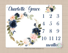 Milestone Blanket Girl Floral Wreath Navy Blue Coral Pink Blush Floral Personalized Newborn Baby Girl Modern Watercolor Roses Flowers B706