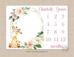 Milestone Blanket Giraffe Girl Coral Pink Blush Floral Personalized Newborn Baby Girl Watercolor Wreath Flowers Baby Shower Gift B723