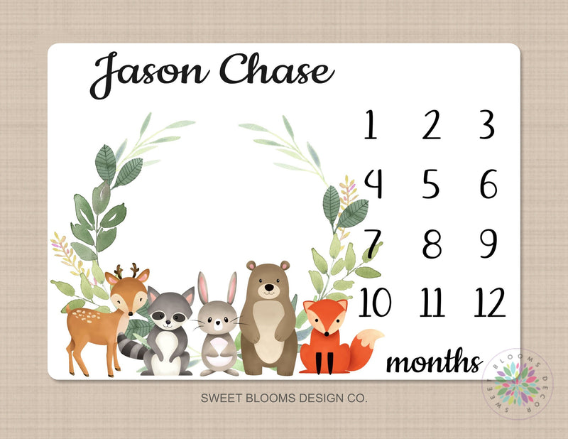 Woodland Milestone Blanket Baby Boy Girl Monthly Growth Tracker Personalized Woodland Animals Newborn Photo Prop Baby Shower Gift  729