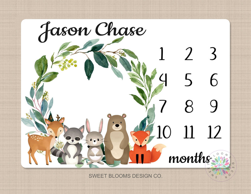 Woodland Milestone Blanket Baby Boy Girl Monthly Growth Tracker Personalized Woodland Animals Newborn Photo Prop Baby Shower Gift  730