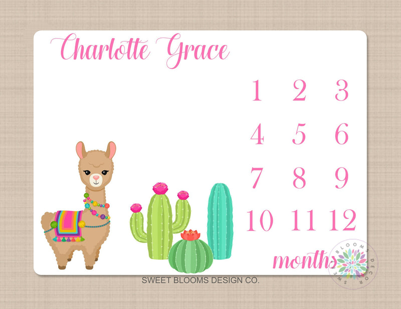 Llama Milestone Blanket Fiesta Cactus Monthly Growth Tracker Newborn Baby Girl Name Blanket Baby Shower Gift Succulent B738