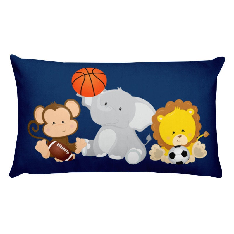 Safari Animals Sports Throw Pillow Future All Star Navy Blue Sports Nursery Decor Lion Monkey Elephant Animals Kids Room  20x12 inch P125