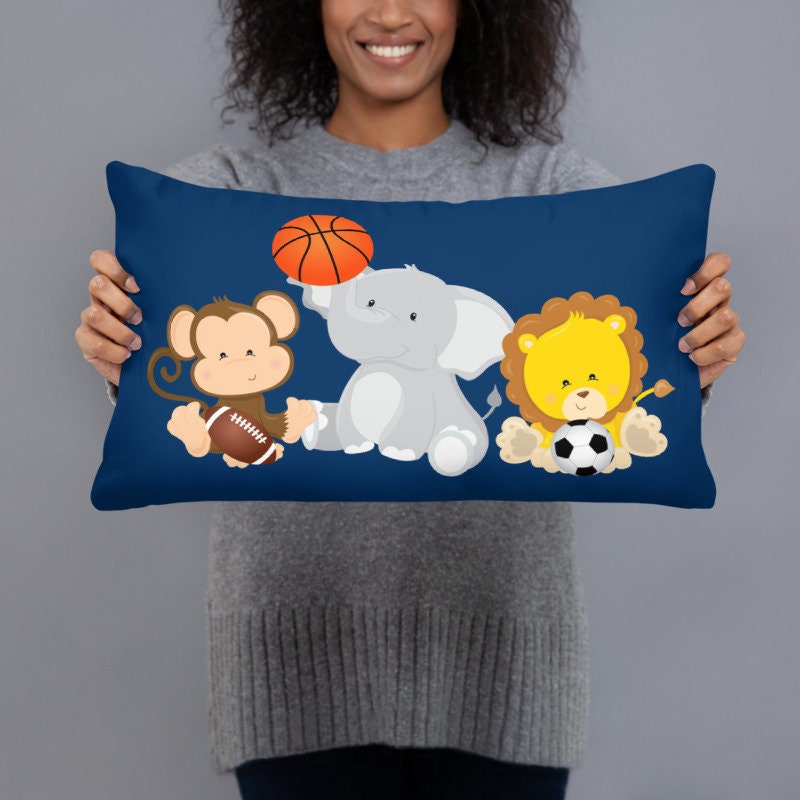 Safari Animals Sports Throw Pillow Future All Star Navy Blue Sports Nursery Decor Lion Monkey Elephant Animals Kids Room  20x12 inch P125