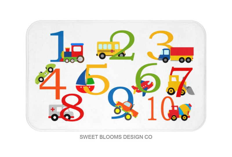 Transportation Alphabet Kids Shower Curtain Numbers Bath Mat Kids Girl Boy ABC Construction Bathroom Decor Siblings Brother Sister S142