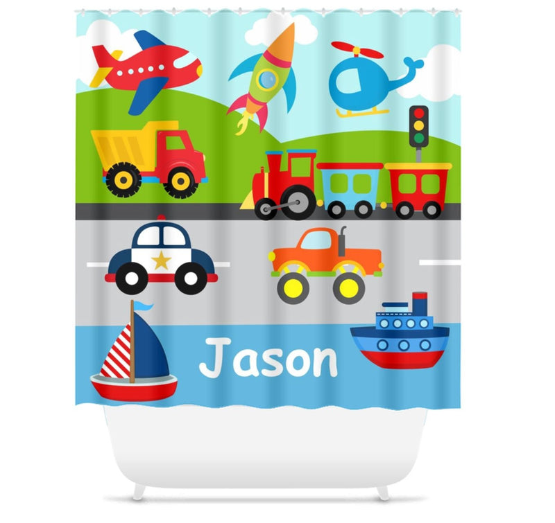 Transportation Shower Curtain Bath Mat Kids Bathroom Girl Boy Construction Trucks Train Boats Bathroom Decor Siblings Brother Sister S143