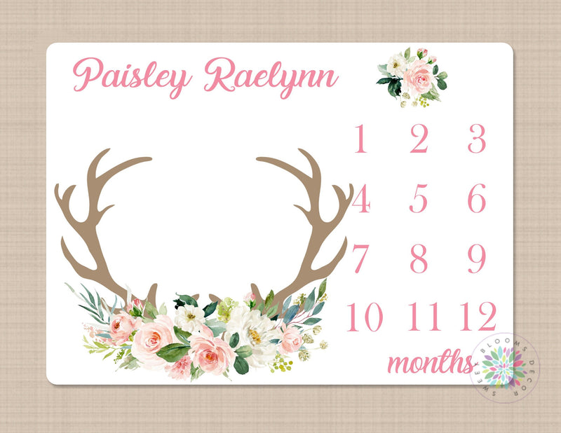 Deer Antler Girl Milestone Blanket Coral Pink Flowers Monthly Growth Tracker Floral Deer Blanket Newborn Floral Baby Shower Gift B677