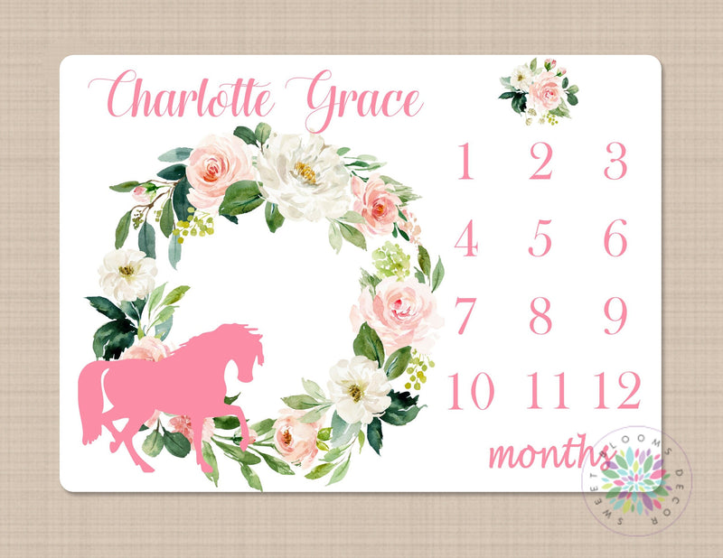 Horse Milestone Blanket Monthly Growth Tracker Coral Pink Flowers Baby Girl Name Blanket Cowgirl Baby Shower Gift Floral Bedding B678