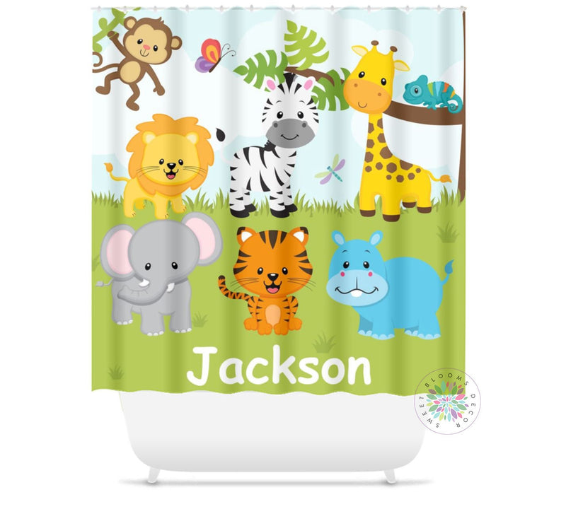 Jungle Animals Shower Curtain Bath Mat Kids Bathroom Girl Boy Safari Animals Theme Baby Bathroom Decor Siblings Brother Sister S144