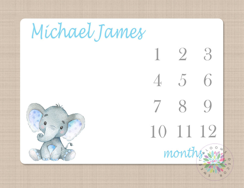 Elephant Milestone Blanket Blue Gray Personalized Monthly Baby Boy Elephants Blanky Nursery Decor Baby Shower Gift Growth Tracker B680