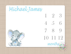 Elephant Milestone Blanket Blue Gray Personalized Monthly Baby Boy Elephants Blanky Nursery Decor Baby Shower Gift Growth Tracker B680