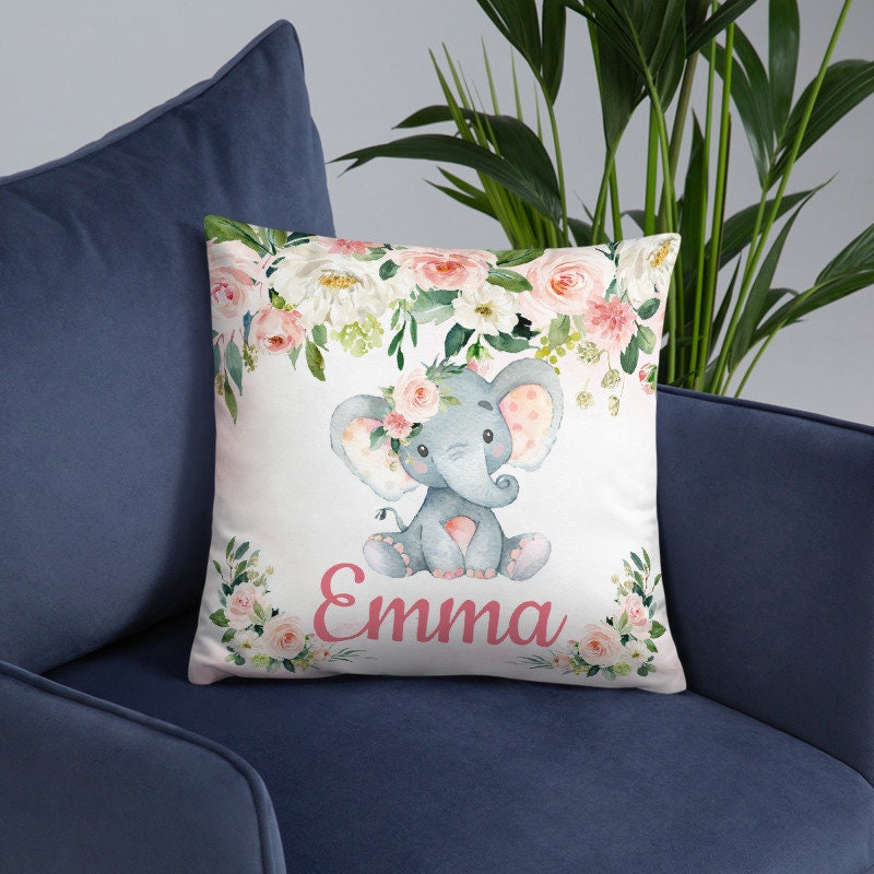 Elephant Floral Girl Throw Pillow Nursery Pink Coral Bedroom Room Decor Cushion  Girl Name Watercolor Room Decor Monogram Playroom 173