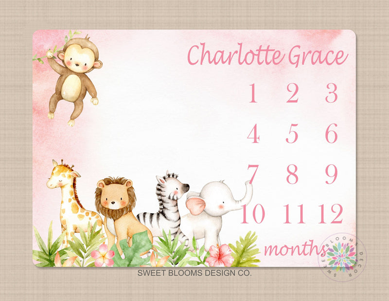 Safari Animals Girl Milestone Blanket Monthly Growth Tracker Personalized Pink Flowers Jungle Girl Animals Newborn Baby Shower Gift B693