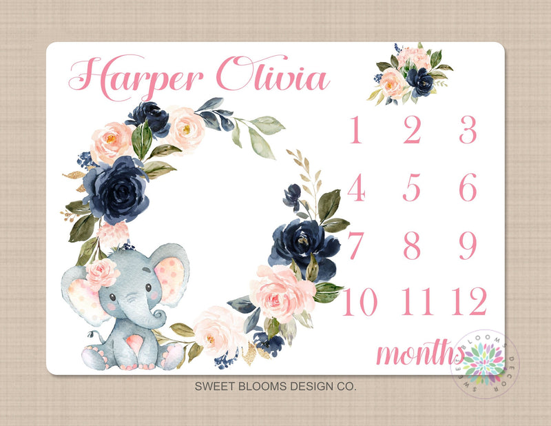 Girl Milestone Blanket Elephant Floral Wreath Navy Blue Coral Pink Blush Floral Personalized Newborn Baby Girl Watercolor Roses Flowers B717