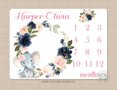 Girl Milestone Blanket Elephant Floral Wreath Navy Blue Coral Pink Blush Floral Personalized Newborn Baby Girl Watercolor Roses Flowers B717