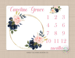 Milestone Blanket Girl Floral Wreath Navy Blue Coral Pink Blush Floral Personalized Newborn Baby Girl Modern Watercolor Roses Flowers B722