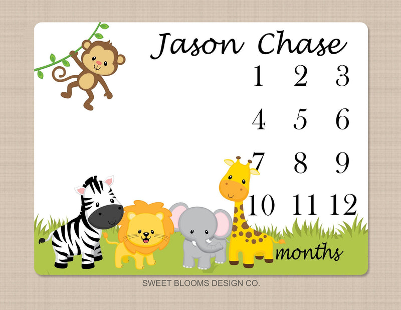 Milestone Blanket Safari Animals Baby Boy Blanket Jungle Zoo Monthly Growth Tracker Personalized Blanket Newborn Baby Shower Gift B810