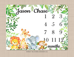 Milestone Blanket Safari Animals Baby Boy Blanket Jungle Zoo Forest Monthly Growth Tracker Personalized Newborn Baby Shower Gift B822