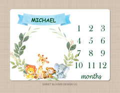 Milestone Blanket Safari Animals Baby Boy Blanket Jungle Zoo Monthly Growth Tracker Personalized Blanket Newborn Baby Shower Gift B823