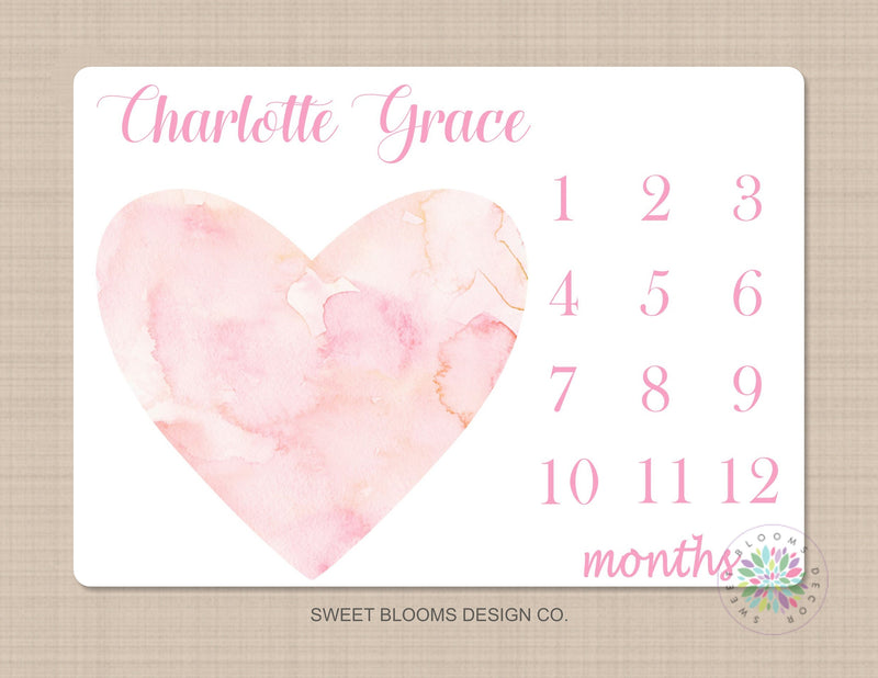 Girl Milestone Blanket Personalized Pink Watercolor Hearts Monthly Growth Photo Prop Newborn Baby Girl Name Baby Shower Gift B732