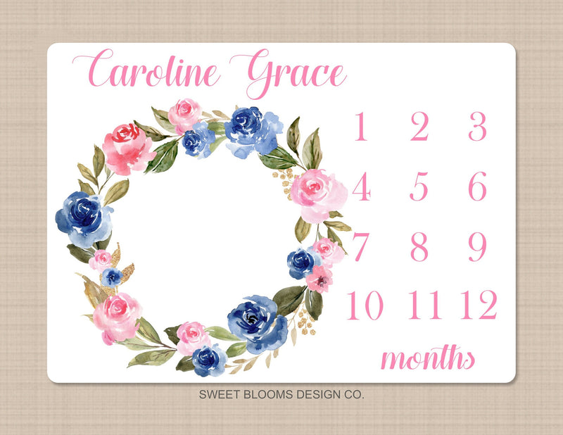 Girl Milestone Blanket Navy Blue Pink Floral Wreath Flowers Personalized Newborn Baby Girl Modern Watercolor Roses Flowers Leaves B24