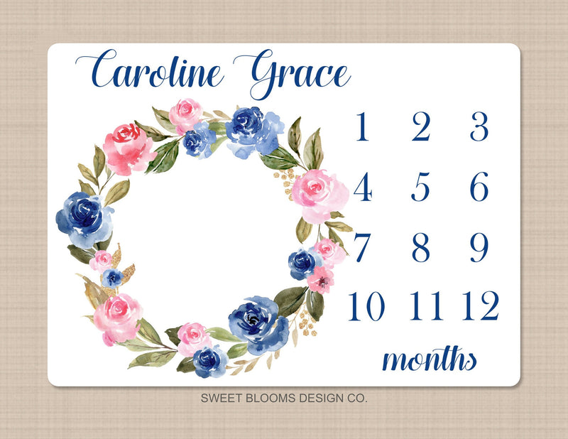 Girl Milestone Blanket Navy Blue Pink Floral Wreath Flowers Personalized Newborn Baby Girl Modern Watercolor Roses Flowers Leaves B25