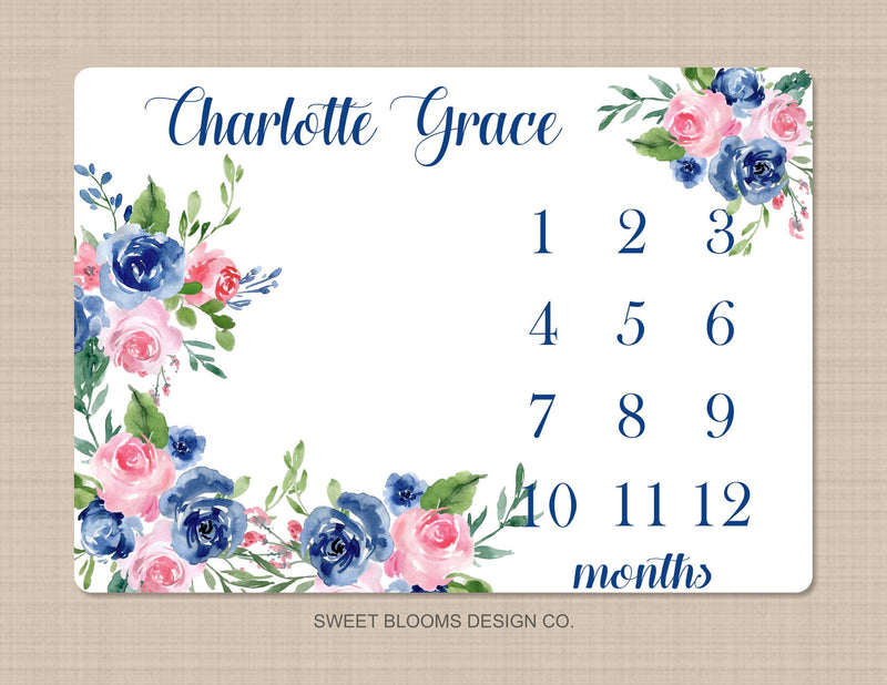 Girl Milestone Blanket Navy Blue Pink Watercolors Floral Flowers Personalized Newborn Baby Girl Modern Nursery  Roses Flowers Leaves B829