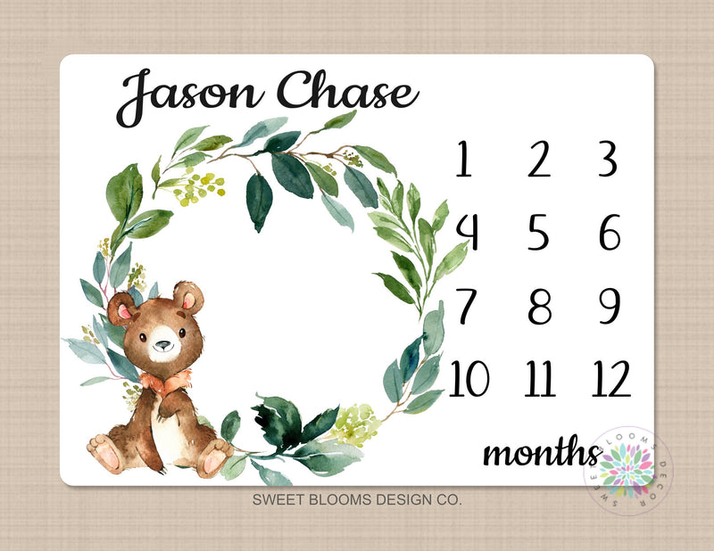 Bear Milestone Blanket Baby Boy Woodland Personalized Blanket Monthly Growth Tracker Newborn Photo Prop Baby Shower Gift Leaves Wreath 735