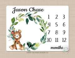 Bear Milestone Blanket Baby Boy Woodland Personalized Blanket Monthly Growth Tracker Newborn Photo Prop Baby Shower Gift Leaves Wreath 735