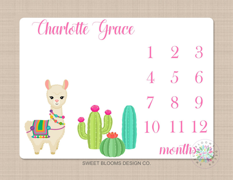 Llama Milestone Blanket Fiesta Cactus Monthly Growth Tracker Newborn Baby Girl Name Blanket Baby Shower Gift Succulent B737