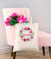 Floral Tote Bag Personalized Name Birthday Pink Flowers Canvas Wedding Bride Bridesmaid Mother of the Bride Girl Gift Watercolor Wreath 149