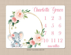 Elephant Milestone Blanket Floral Wreath Coral Pink Blush Floral Personalized Newborn Baby Girl Watercolor Flowers Baby Shower Gift B886