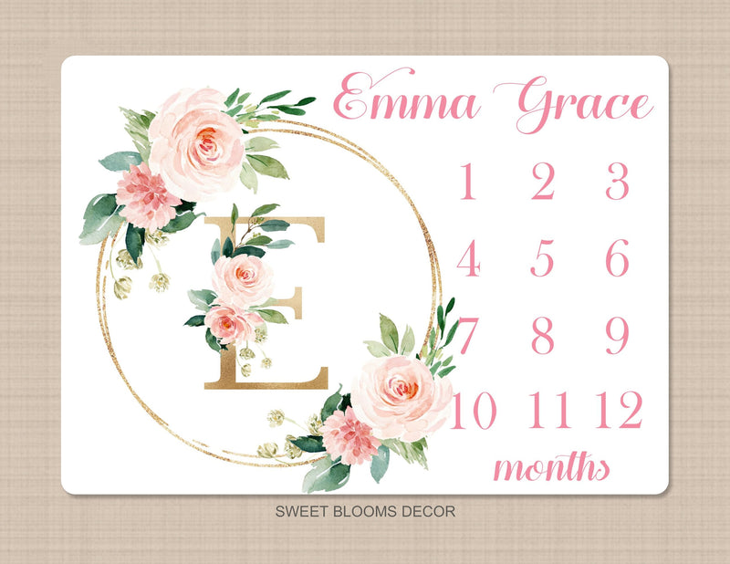 Milestone Blanket Girl Floral Wreath Coral Pink Blush Gold Personalized Newborn Baby Girl Watercolor Flowers Baby Shower Gift B884