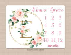 Milestone Blanket Girl Floral Wreath Coral Pink Blush Gold Personalized Newborn Baby Girl Watercolor Flowers Baby Shower Gift B884