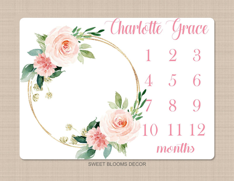 Milestone Blanket Girl Floral Wreath Coral Pink Blush Floral Personalized Newborn Baby Girl Watercolor Flowers Baby Shower Gift B881