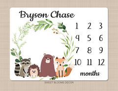 Woodland Milestone Blanket Baby Boy Monthly Growth Tracker Personalized Woodland Animals Blanket Newborn Photo Prop Baby Shower Gift  876