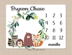 Woodland Milestone Blanket Baby Boy Monthly Growth Tracker Personalized Woodland Animals Blanket Newborn Photo Prop Baby Shower Gift  875