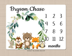 Woodland Animals Milestone Blanket Baby Boy Monthly Growth Tracker Personalized Blanket Newborn Photo Prop Baby Shower Gift  874