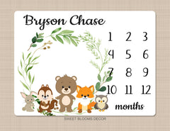 Woodland Milestone Blanket Monthly Growth Tracker Personalized Woodland Animals Blanket Newborn Photo Prop Baby Shower Gift  873