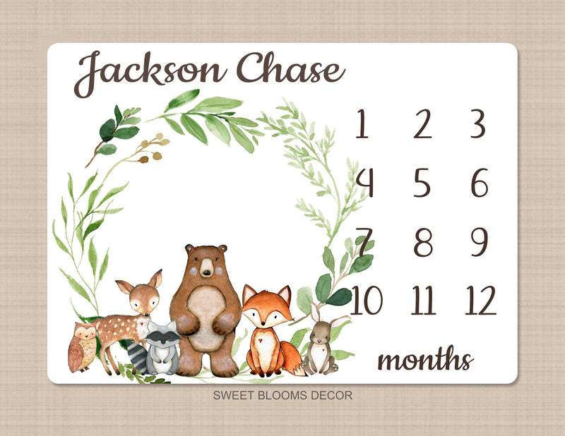 Woodland Milestone Blanket Baby Boy Monthly Growth Tracker Personalized Woodland Animals Blanket Newborn Photo Prop Baby Shower Gift  869