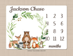 Woodland Milestone Blanket Baby Boy Monthly Growth Tracker Personalized Woodland Animals Blanket Newborn Photo Prop Baby Shower Gift  869