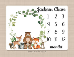 Milestone Blanket Baby Boy Woodland Animals Monthly Growth Tracker Personalized  Blanket Newborn Photo Prop Baby Shower Gift  868