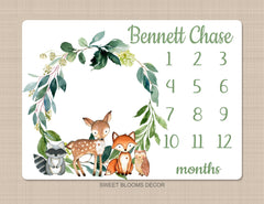 Woodland Milestone Blanket Baby Boy Girl Monthly Growth Tracker Personalized Woodland Animals Blanket Newborn Photo Prop Shower Gift  864