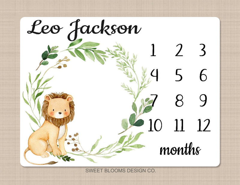 Lion Milestone Blanket Monthly Growth Tracker Watercolor Personalized Wreath Animals Leaves Baby Boy Nursery Decor Baby Shower Gift B845