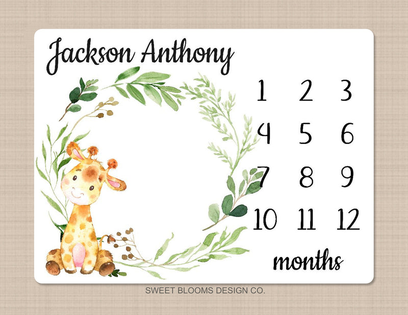 Milestone Blanket Giraffe  Monthly Growth Tracker Watercolor Personalized Wreath Animals Leaves Baby Boy Nursery Decor Baby Shower Gift B838