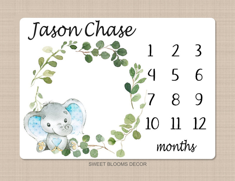 Elephant Milestone Blanket Baby Boy Monthly Growth Tracker Watercolor Personalized Wreath Animals Leaves Nursery Decor Baby Shower Gift B834