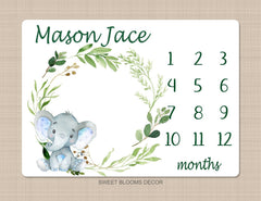 Elephant Milestone Blanket Baby Boy Monthly Growth Tracker Watercolor Personalized Wreath Animals Leaves Nursery Decor Baby Shower Gift B833