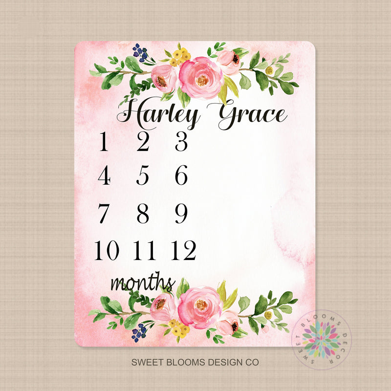 Girl Milestone Blanket Personalized Pink Watercolor Pink Coral Floral Monthly Growth Photo Prop Newborn Baby Girl Name Baby Shower Gift B741