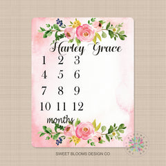 Girl Milestone Blanket Personalized Pink Watercolor Pink Coral Floral Monthly Growth Photo Prop Newborn Baby Girl Name Baby Shower Gift B741