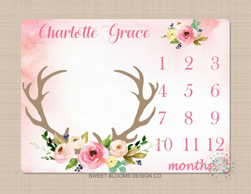 Deer Antler Girl Milestone Blanket Pink Flowers Monthly Growth Tracker Floral Deer Blanket Newborn Baby Girl Floral Blanket Baby Gift B747