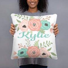 Floral Throw Pillow Coral Mint Green Teal Gray Flowers Pillow Monogram Nursery Girl Room Decor Bedding Baby Shower Gift Home Decor P164